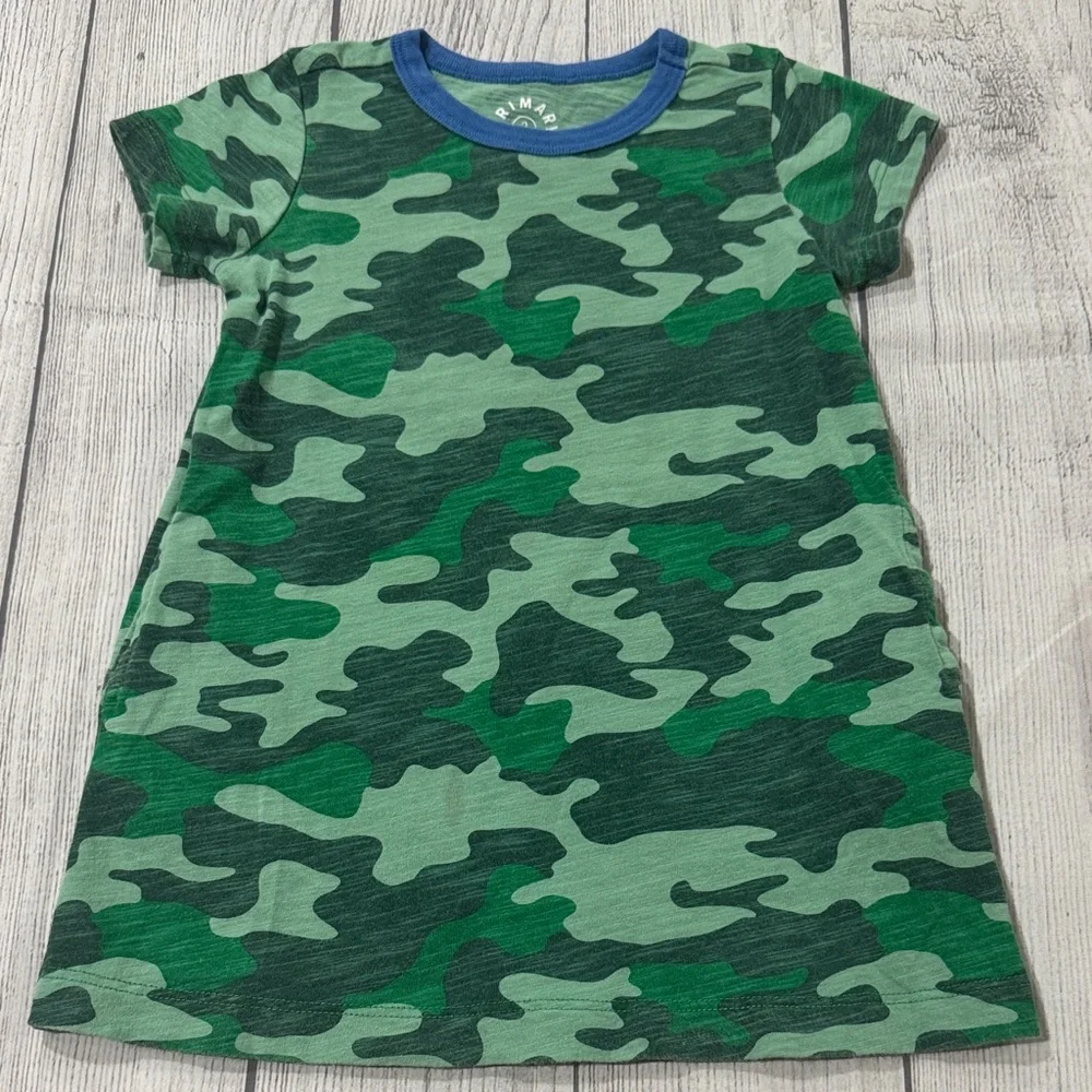 Primary Toddler Girls Green Camo Dress with Royal Blue Trim